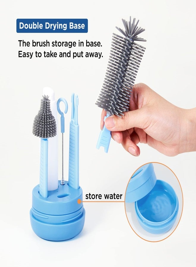 YOTIME Baby Bottle Brush Set with Retractable Silicone Bottle Brush, Nipple Cleaning Brush, Straw Brush, Soap Dispenser, Dust Cap and Stand, Blue - Image 3