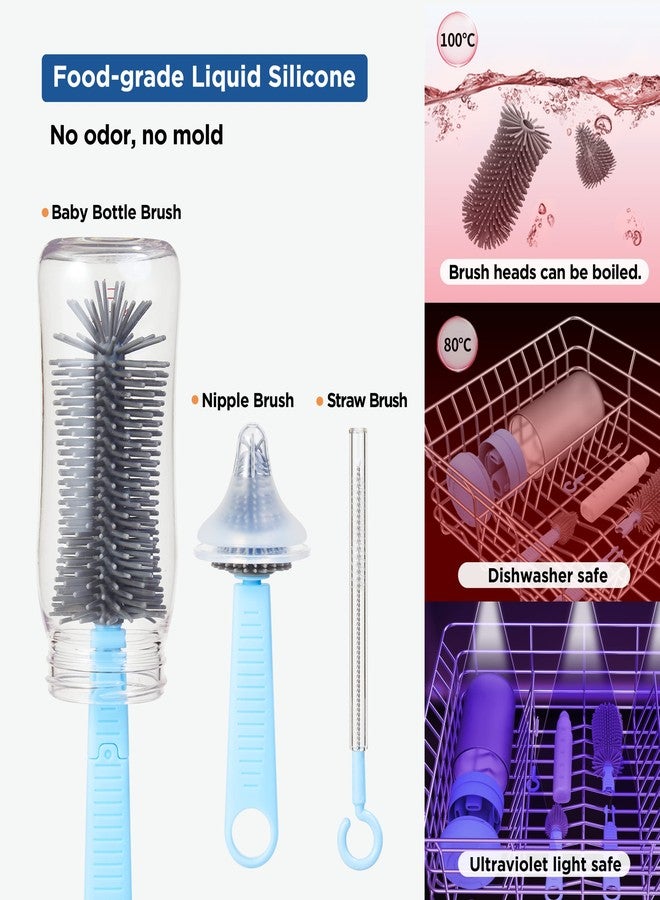YOTIME Baby Bottle Brush Set with Retractable Silicone Bottle Brush, Nipple Cleaning Brush, Straw Brush, Soap Dispenser, Dust Cap and Stand, Blue - Image 4