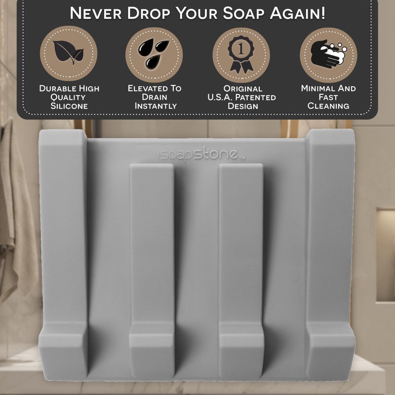 iSoapStone Silicone Soap Dish (USA Patented) Self Draining Bar Soap Holder for Shower Bathroom Sink, Drying Soap Dish Tray Kitchen Sponge Holder Easy Cleaning Soap Saver Mat (Light Grey, 1) - Image 3