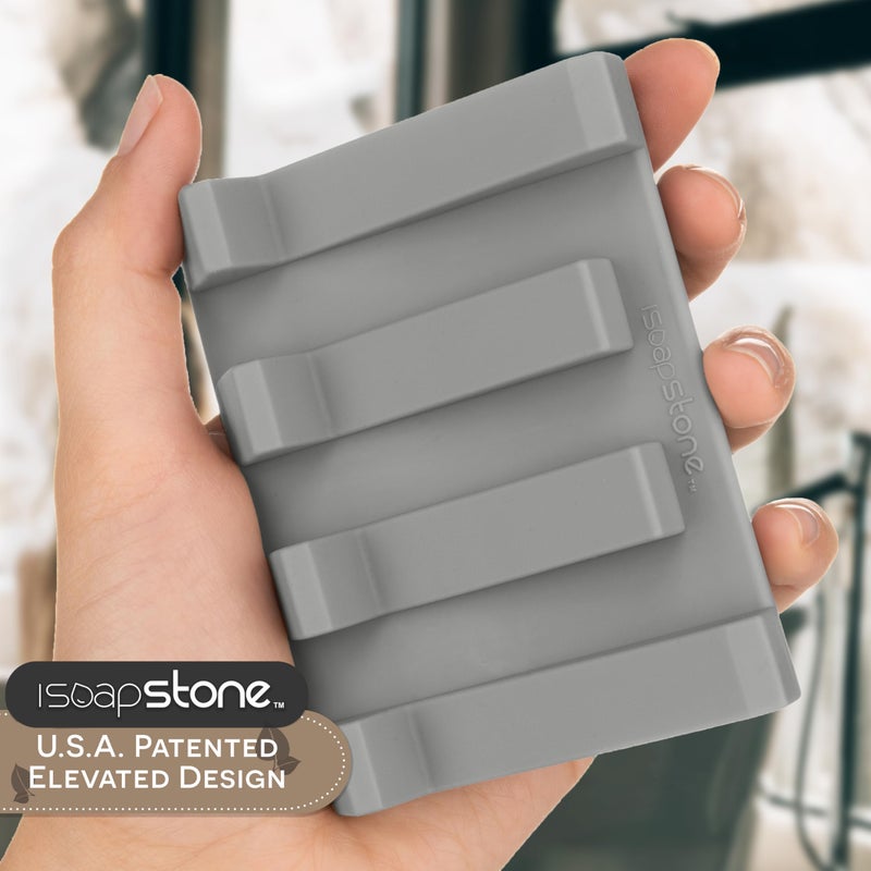 iSoapStone Silicone Soap Dish (USA Patented) Self Draining Bar Soap Holder for Shower Bathroom Sink, Drying Soap Dish Tray Kitchen Sponge Holder Easy Cleaning Soap Saver Mat (Light Grey, 1) - Image 2