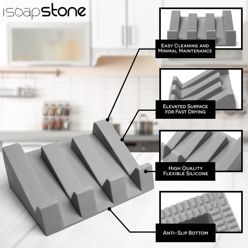 iSoapStone Silicone Soap Dish (USA Patented) Self Draining Bar Soap Holder for Shower Bathroom Sink, Drying Soap Dish Tray Kitchen Sponge Holder Easy Cleaning Soap Saver Mat (Light Grey, 1) - Image 5