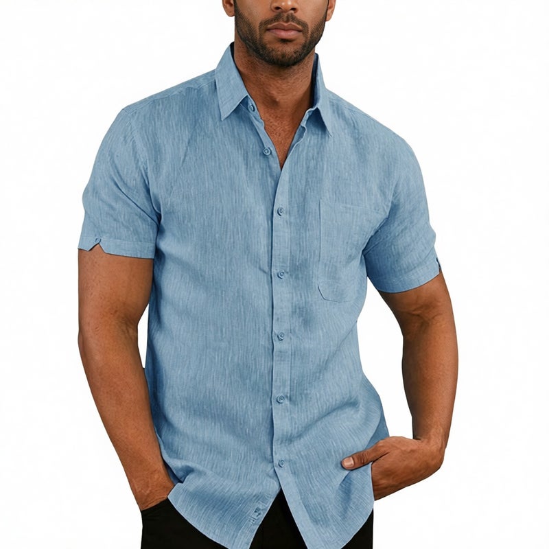 Men's Linen Button Down Short Sleeve Shirt Summer Casual Top - Image 1