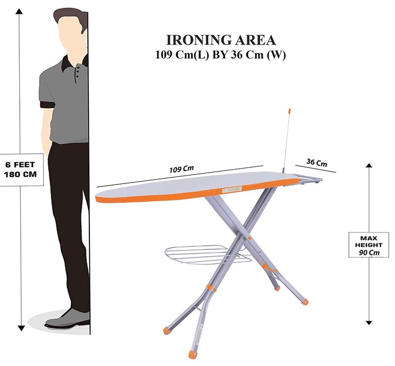 Grazia Steel Mesh Board Large Foldable Ironing Board with Aluminised Ironing Surface (Silver Orange)- 15 inch - Image 2