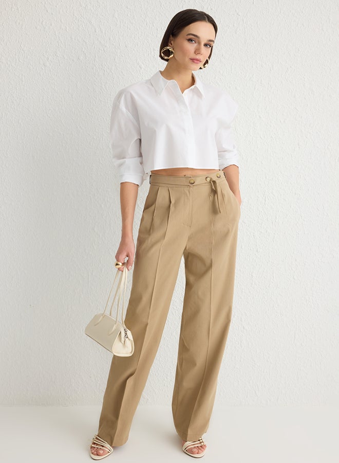 trendyol Beige Straight/Straight Cut Belt Detail Woven Trousers - Image 2
