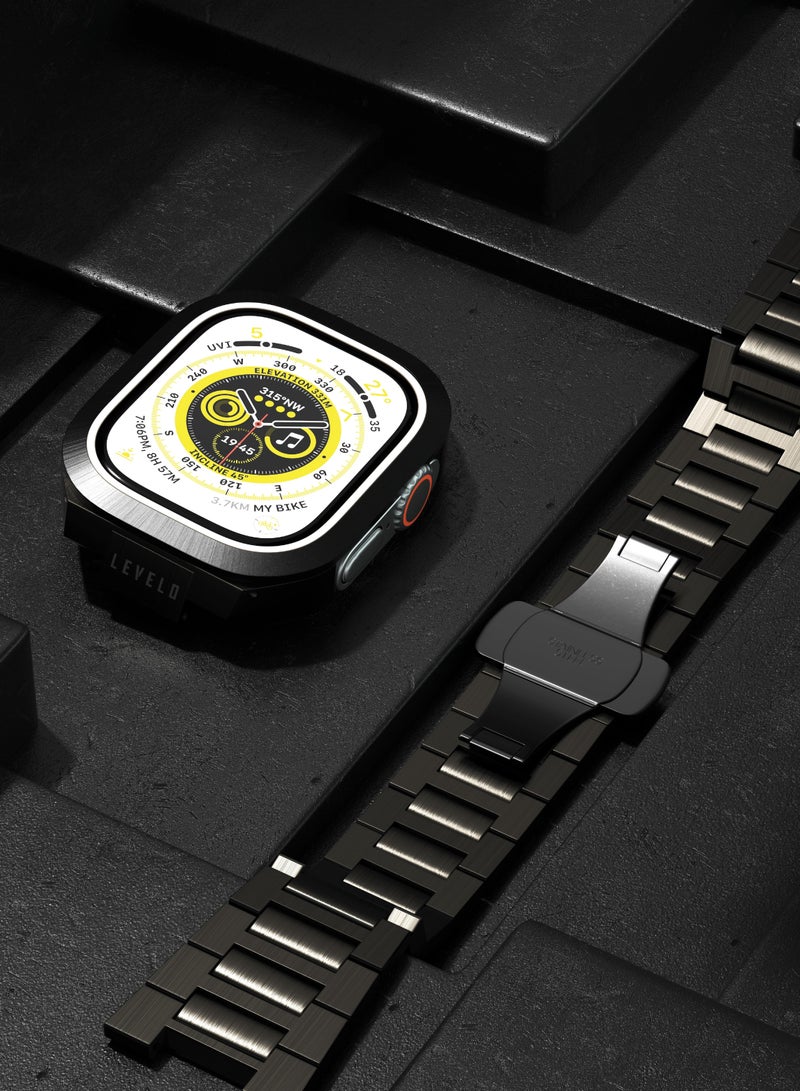 LEVELO Royal Stainless-Steel Strap and Case for Apple Watch Strap 49MM / Premium Material / Bumper Protection Around the Screen / Anti-Corrosion / Adjustable Link - Black  - Image 2