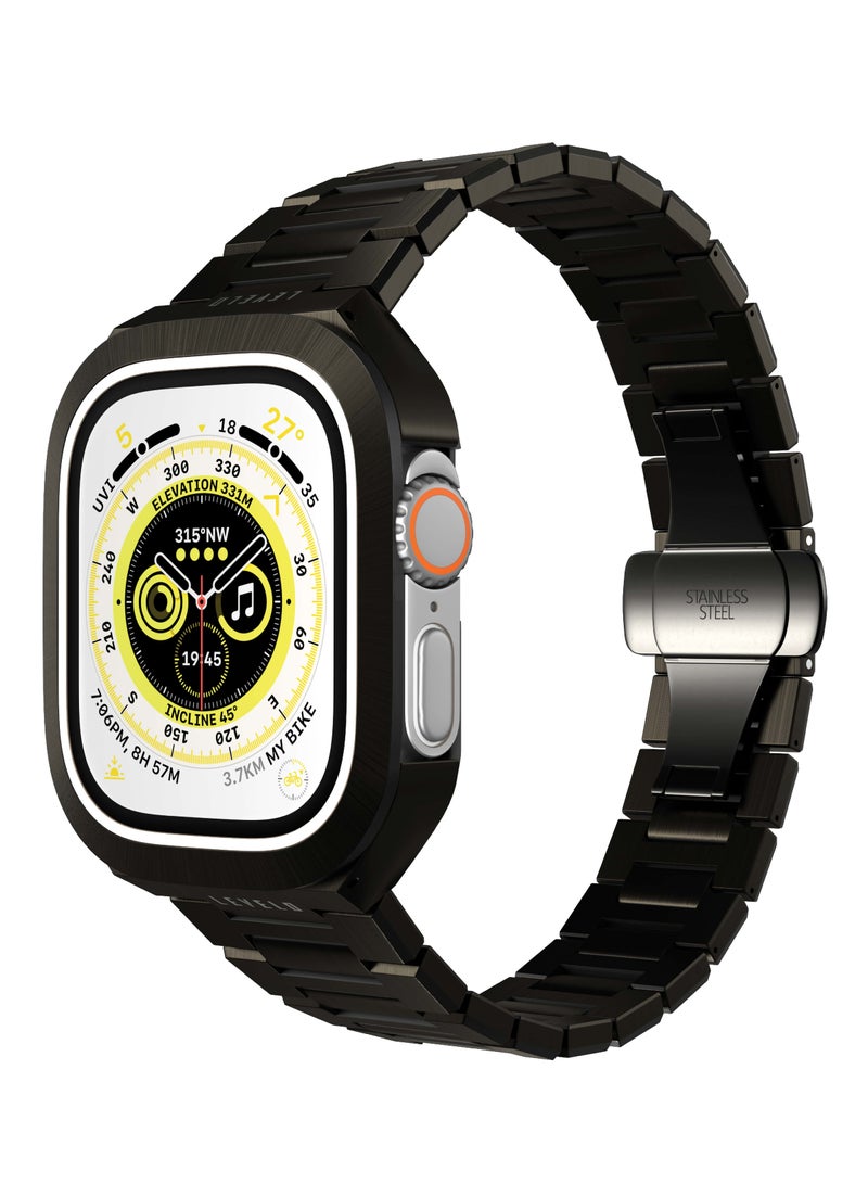 LEVELO Royal Stainless-Steel Strap and Case for Apple Watch Strap 49MM / Premium Material / Bumper Protection Around the Screen / Anti-Corrosion / Adjustable Link - Black  - Image 1