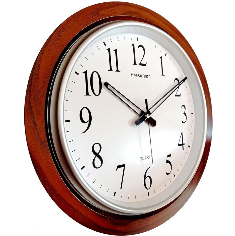 President President Analog Quartz Official Big Size Wall Clock for Hall (Wood and White Color, 42 X 42 cms)