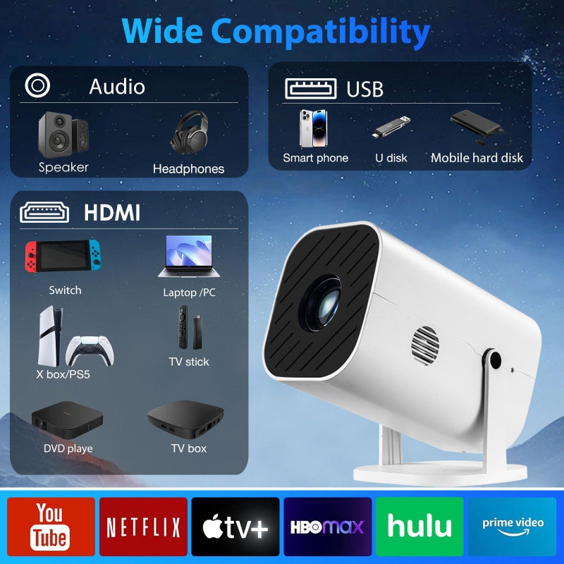 YGSKK Mini Projector for iPhone, 1080P Projector for Bedroom (Built-in Bluetooth 5.3 And Speaker), Supports 4K, 210Â° Rotatable, Small Portable Projector, Compatible Smartphone/TV Stick/PS5/Computer/HDMI/USB - Image 4