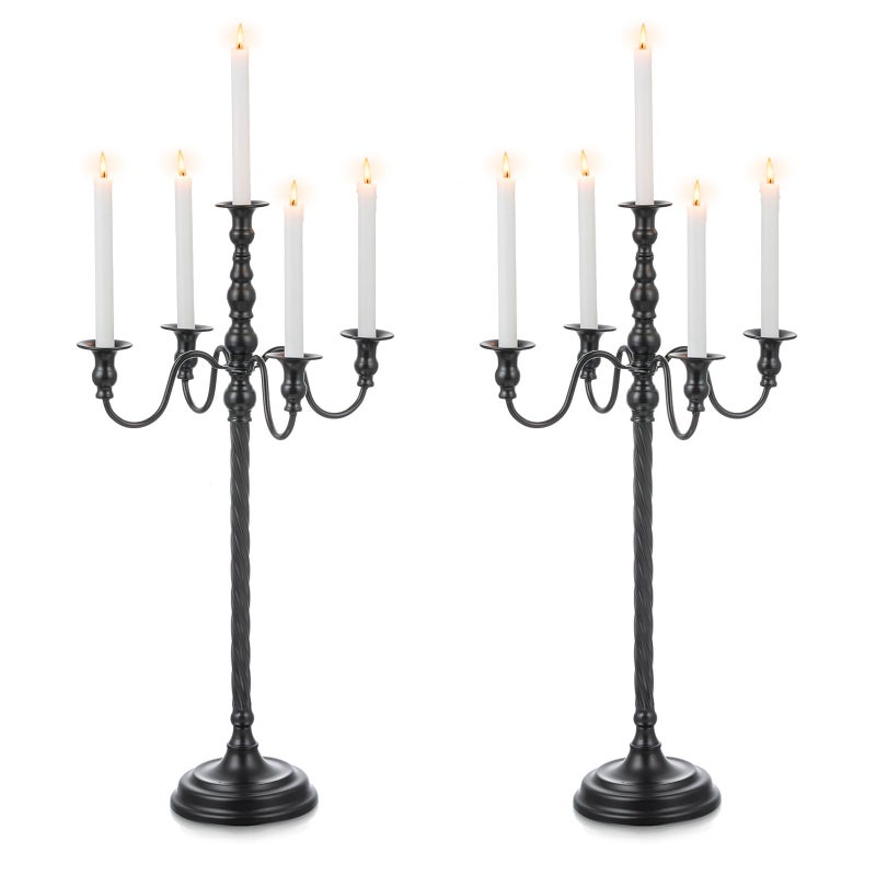Candeldo Black Candelabra Halloween Decorations 28 Inches Floor Gothic Candle Holder 5 Arm Metal Candlestick Stand for Table Fireplace Victorian Decor Set of 2