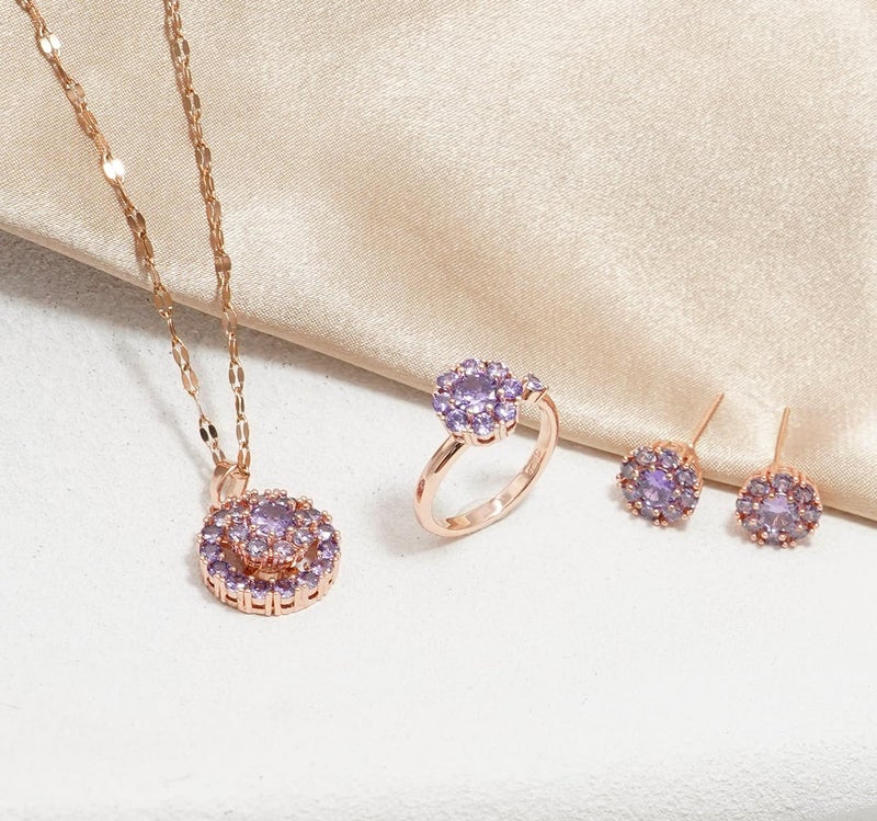 Wovanoo Jewelry Set for Women Cubic Zirconia Open Ring Necklace Earrings Set Crystal Rhinestone Bridal Wedding Jewelry Sets Purple - Image 3