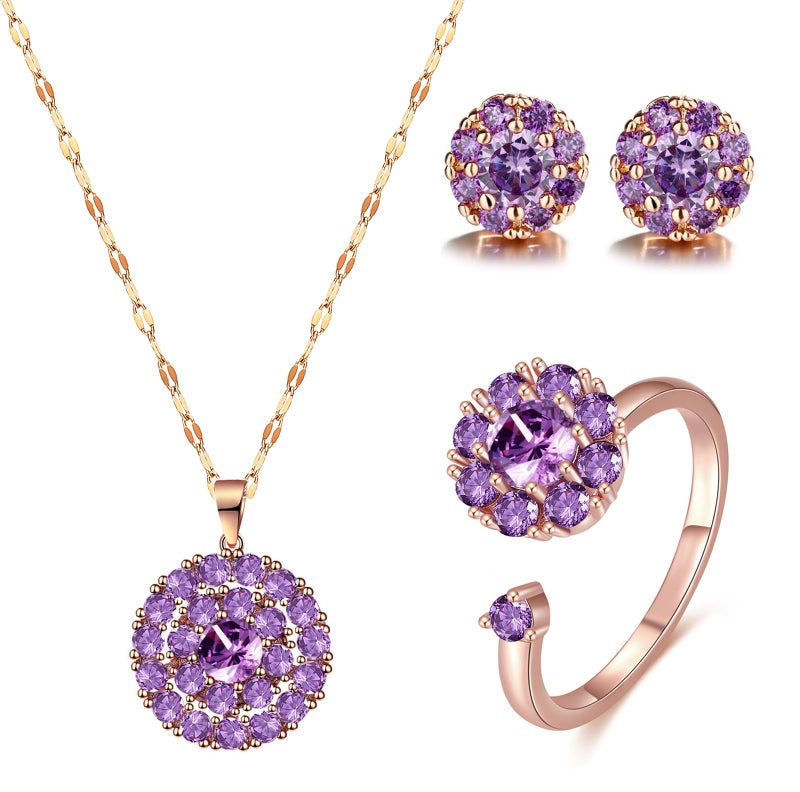 Wovanoo Jewelry Set for Women Cubic Zirconia Open Ring Necklace Earrings Set Crystal Rhinestone Bridal Wedding Jewelry Sets Purple - Image 1