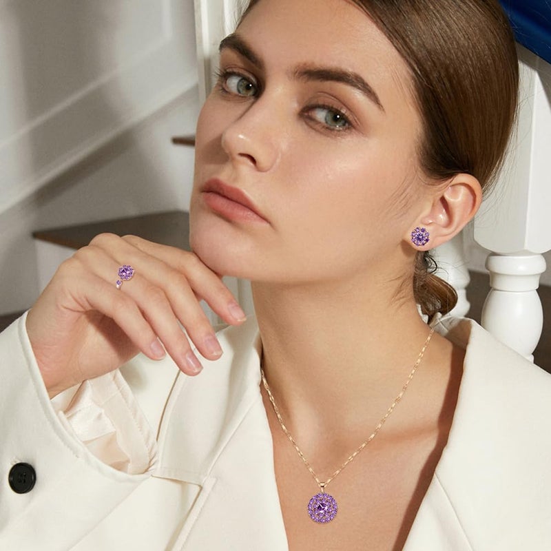 Wovanoo Jewelry Set for Women Cubic Zirconia Open Ring Necklace Earrings Set Crystal Rhinestone Bridal Wedding Jewelry Sets Purple - Image 2