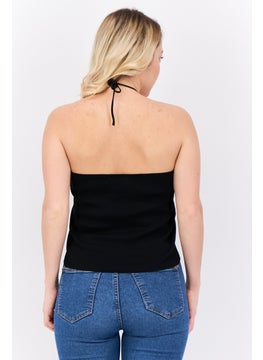 MANGO Women Halter Neck Sleeveless Plain Crop Top, Black  - Image 3