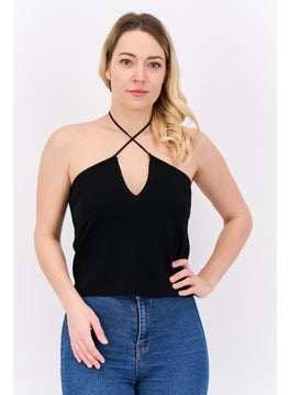 MANGO Women Halter Neck Sleeveless Plain Crop Top, Black  - Image 1