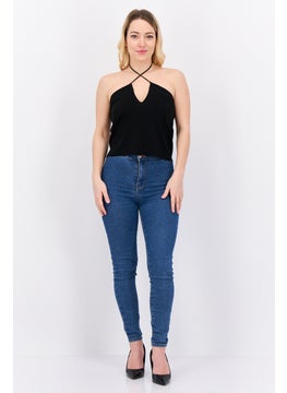 MANGO Women Halter Neck Sleeveless Plain Crop Top, Black  - Image 4