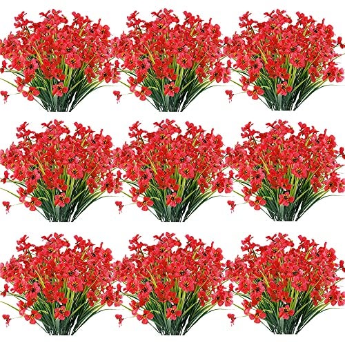 JEMONG 30 Bundles Artificial Flowers Outdoor UV Resistant Fake Flowers No Fade Faux Plastic Plants Garden Porch Window Box Decorating(Deep Red) - Image 1