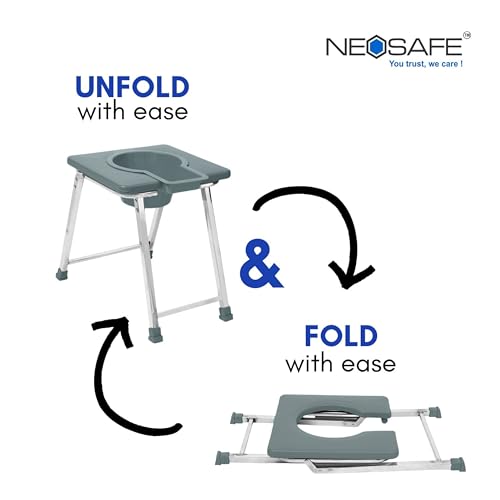 NEOSAFE Stainless Steel Premium Folding Shower Bathing Room Mobile Commode Stool Indian Toilet Seat for Elderly Disabled Man and Pregant Women Support Safe Chair Anti-Slip (Grey, LR-Stool) - Image 4