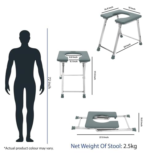 NEOSAFE Stainless Steel Premium Folding Shower Bathing Room Mobile Commode Stool Indian Toilet Seat for Elderly Disabled Man and Pregant Women Support Safe Chair Anti-Slip (Grey, LR-Stool) - Image 5