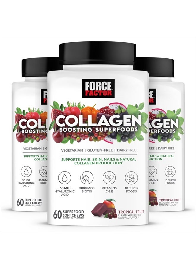 Force Factor Collagen Boosting Superfoods with Biotin, Hyaluronic Acid, Bamboo, and Hair, Skin, and Nails Vitamins, Nail and Skin Supplement, Tropical Fruit Flavor, 180 Soft Chews - 3 Pack - Image 1