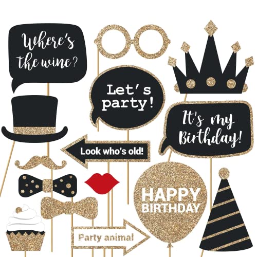 Fully Assembled Birthday Photo Booth Props 30 Piece Box Set of Black  Gold Selfie Party Supplies and Decorations Kit with Real Glitter  Cute Bday Designs for Women  Did We Mention No DIY