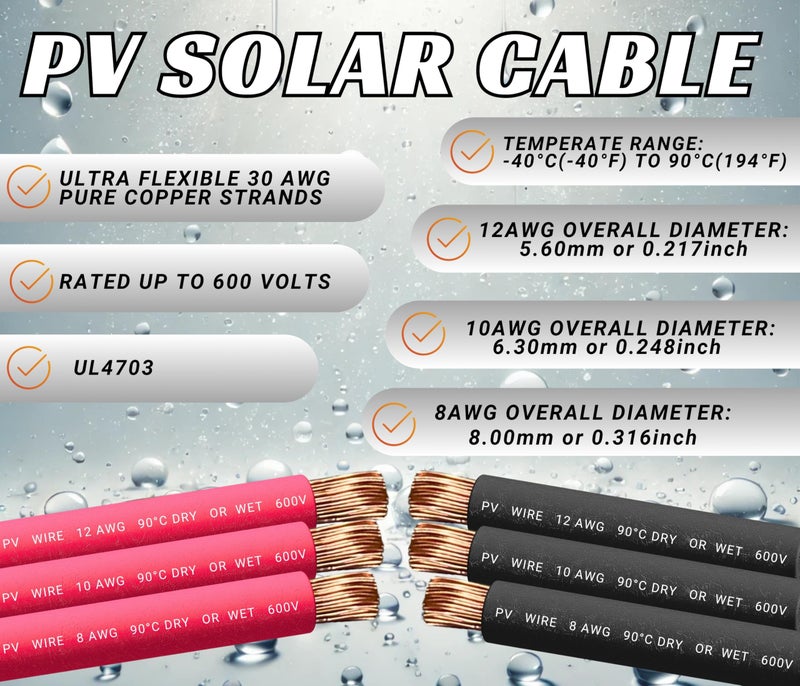 WindyNation 8 AWG 8 Gauge Pair 30 Feet Black + 30 Feet Red PV Photovoltaic Solar Panel Extension Cable Wire Solar Connectors (Variety of Lengths Available) - Image 2
