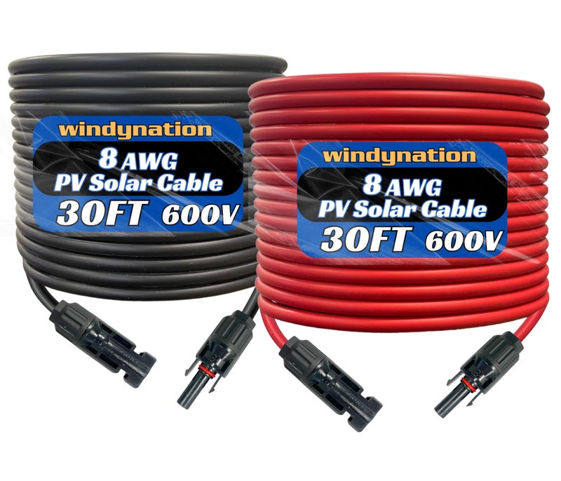 WindyNation 8 AWG 8 Gauge Pair 30 Feet Black + 30 Feet Red PV Photovoltaic Solar Panel Extension Cable Wire Solar Connectors (Variety of Lengths Available) - Image 1