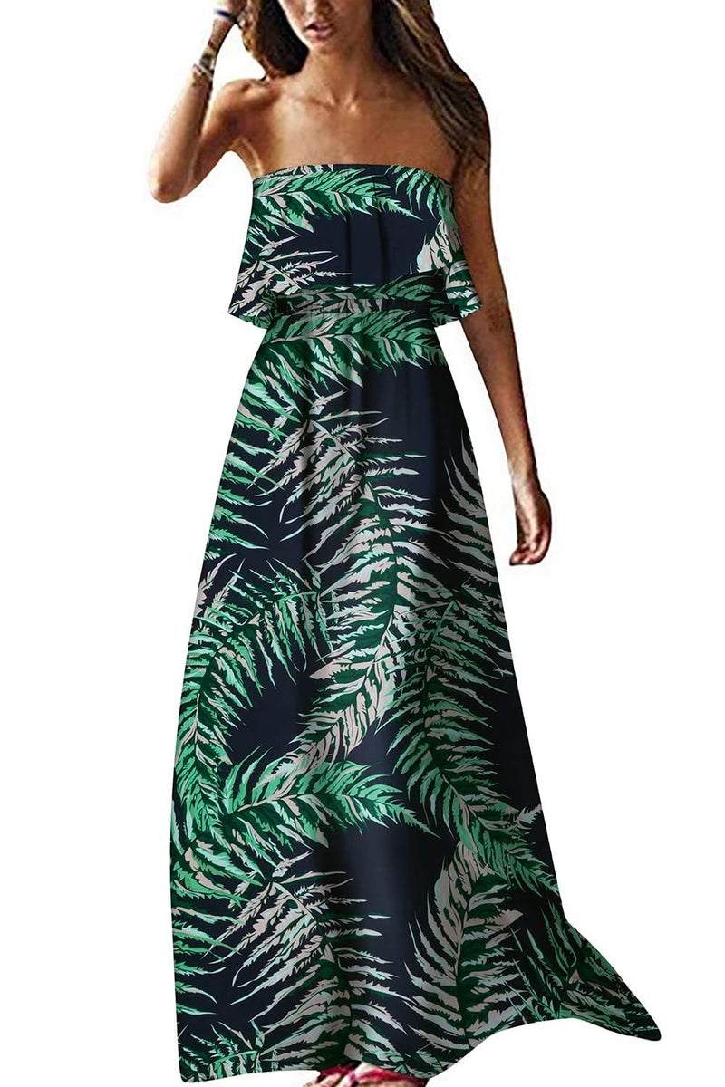 ZMPSIISA Women's Summer Off The Shoulder Maxi Dress Ruffle Strapless Blue White Porcelain Boho Casual Loose Long Dresses(A-Leaves Navy,Small) - Image 4