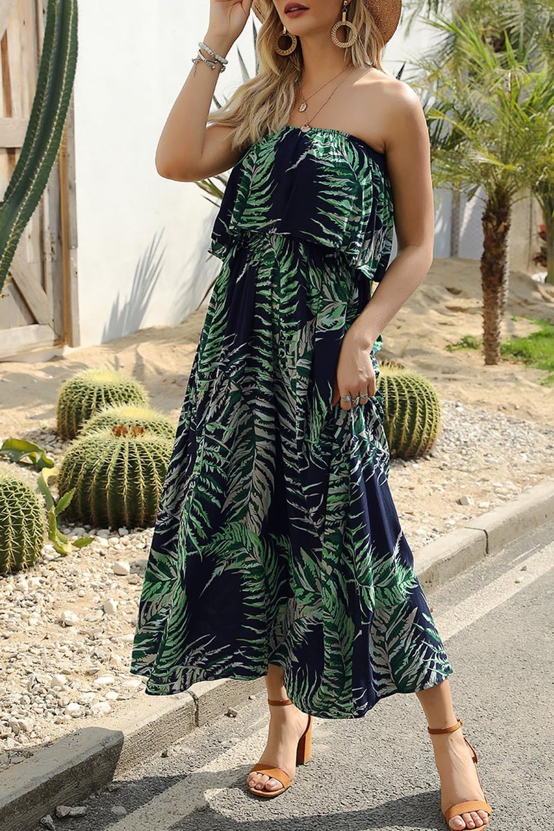 ZMPSIISA Women's Summer Off The Shoulder Maxi Dress Ruffle Strapless Blue White Porcelain Boho Casual Loose Long Dresses(A-Leaves Navy,Small) - Image 3