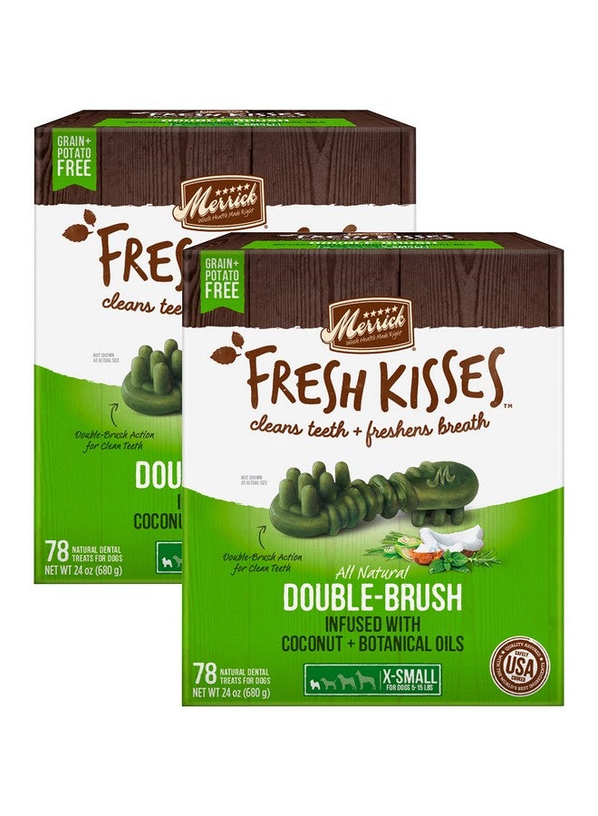 Merrick Fresh Kisses Double-Brush Dental Dog Treats, Infused with Coconut & Botanical Oils, Cleans & Freshens Breath for X-Small Dogs, 78 Dental Dog Treats/Pack (Pack of 2) - Image 1