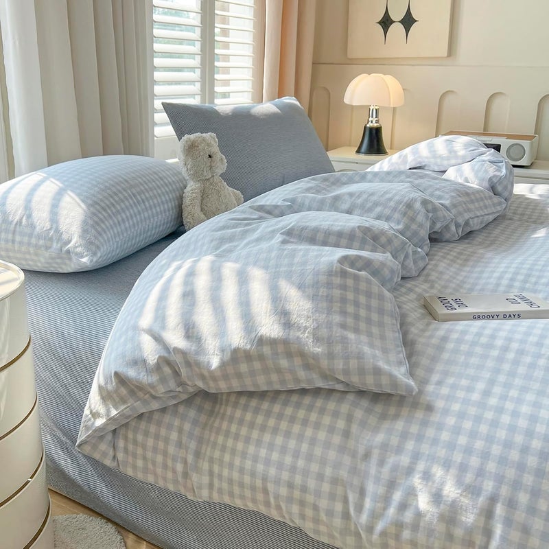 LifeTB Blue Gingham Duvet Cover Twin 100% Washed Cotton Grid Duvet Cover Blue White Plaid Checkered Comforter Cover 3 Pieces Farmhouse Bedding Set Soft Breathable Comforter Cover with Zipper Closure - Image 4