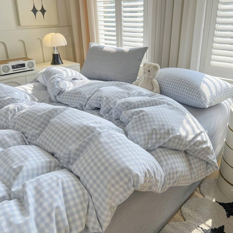 LifeTB Blue Gingham Duvet Cover Twin 100% Washed Cotton Grid Duvet Cover Blue White Plaid Checkered Comforter Cover 3 Pieces Farmhouse Bedding Set Soft Breathable Comforter Cover with Zipper Closure - Image 1