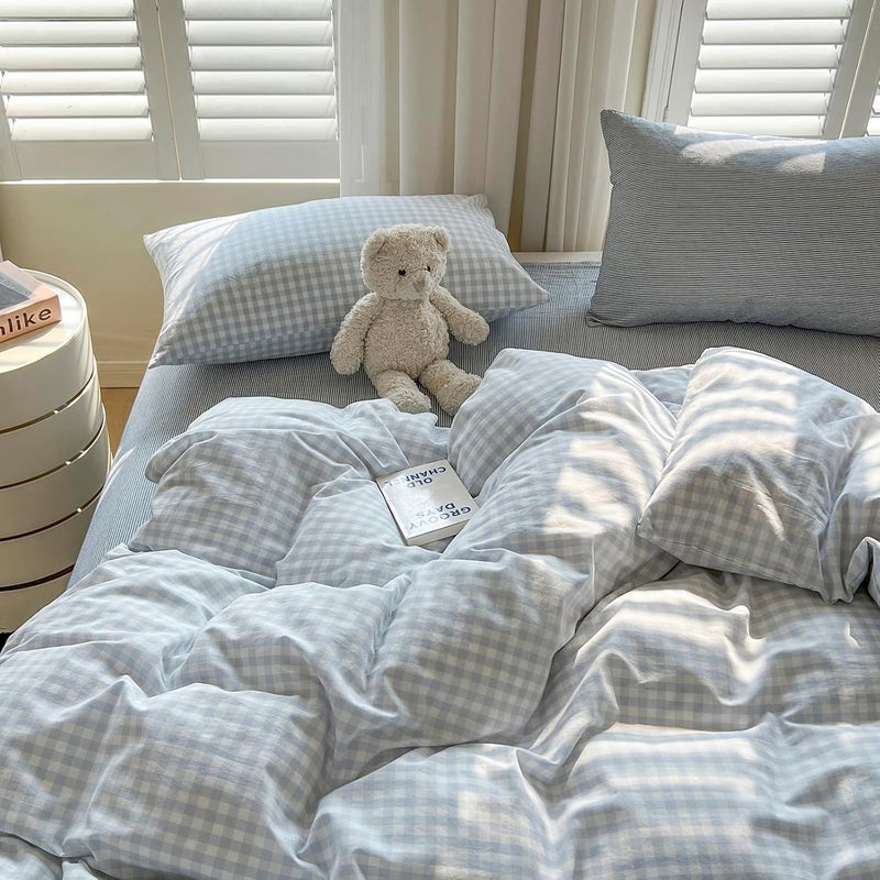 LifeTB Blue Gingham Duvet Cover Twin 100% Washed Cotton Grid Duvet Cover Blue White Plaid Checkered Comforter Cover 3 Pieces Farmhouse Bedding Set Soft Breathable Comforter Cover with Zipper Closure - Image 5