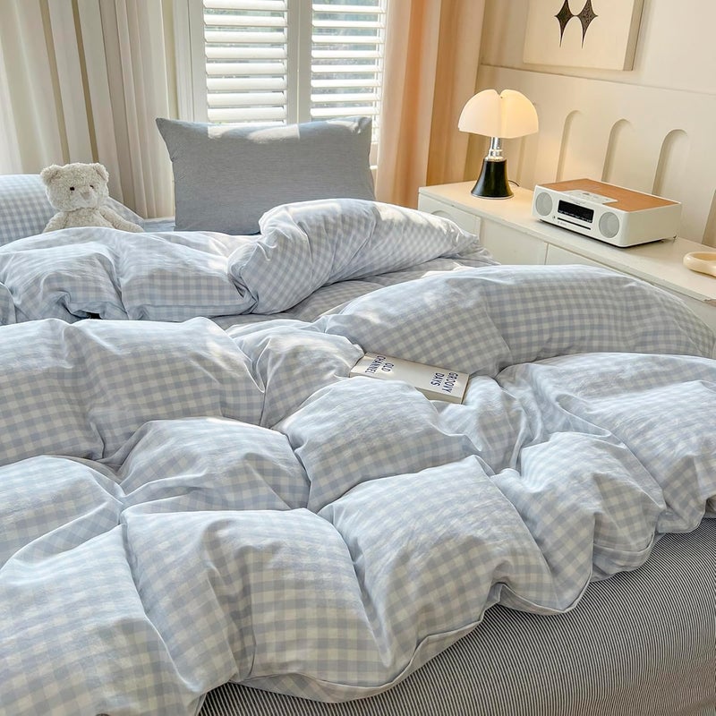 LifeTB Blue Gingham Duvet Cover Twin 100% Washed Cotton Grid Duvet Cover Blue White Plaid Checkered Comforter Cover 3 Pieces Farmhouse Bedding Set Soft Breathable Comforter Cover with Zipper Closure - Image 3