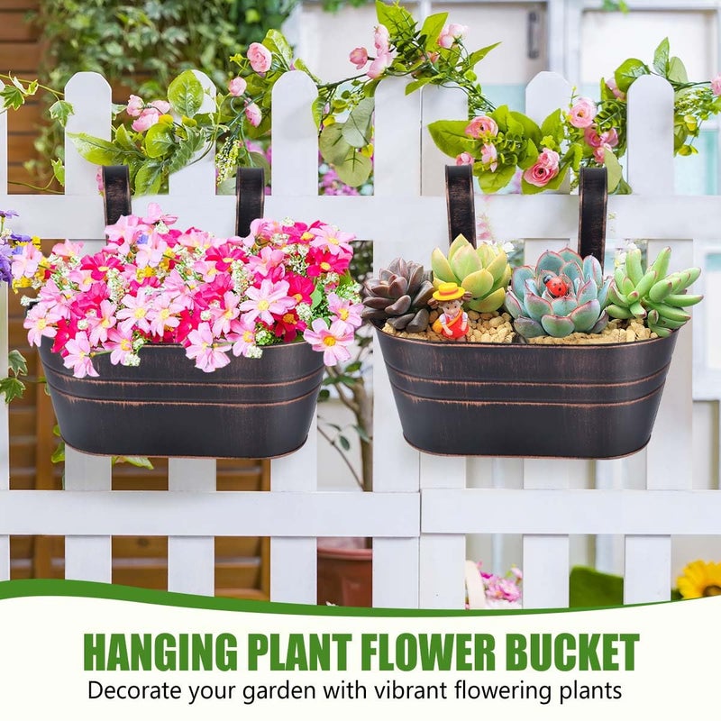 OBTANIM 4 Pack Metal Hanging Flower Pots Iron Railing Planter Outdoor Fence Hanging Pots Bucket Plant Holder with Detachable Hooks Drain Holes for Home Garden Yard Decor (Black) - Image 5