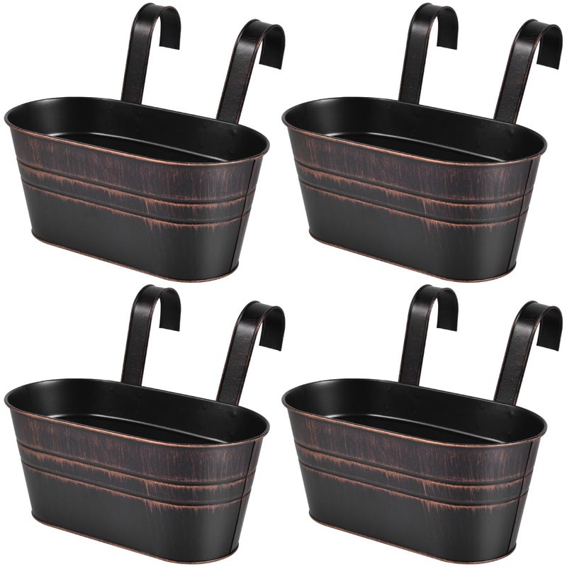 OBTANIM 4 Pack Metal Hanging Flower Pots Iron Railing Planter Outdoor Fence Hanging Pots Bucket Plant Holder with Detachable Hooks Drain Holes for Home Garden Yard Decor (Black) - Image 1