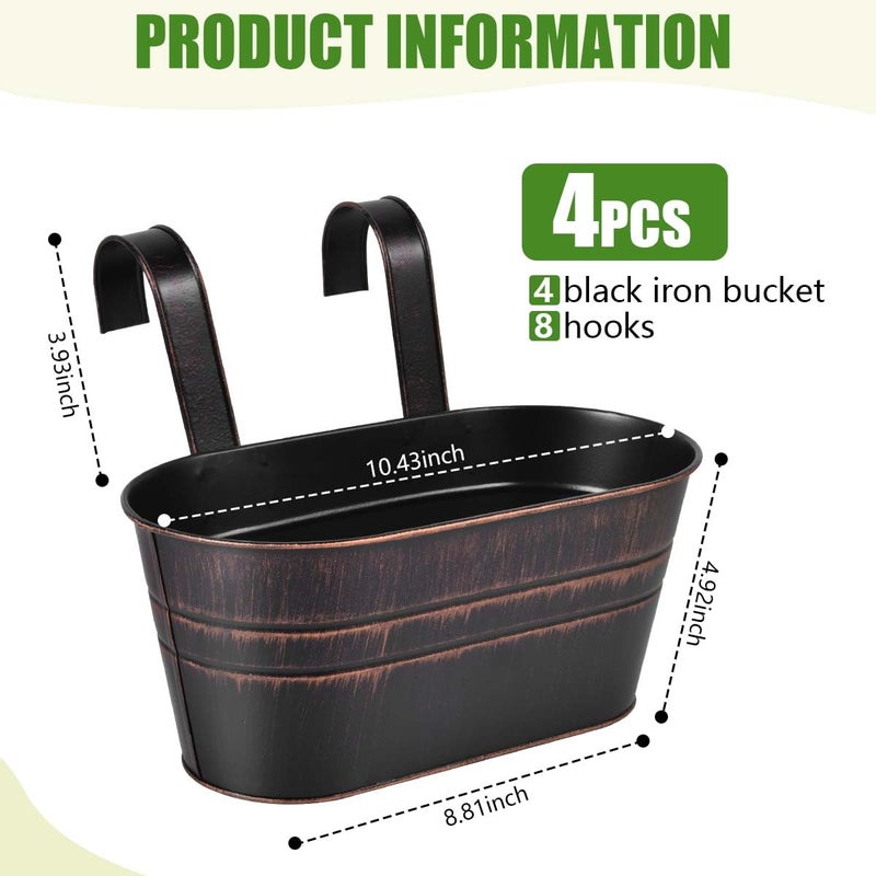 OBTANIM 4 Pack Metal Hanging Flower Pots Iron Railing Planter Outdoor Fence Hanging Pots Bucket Plant Holder with Detachable Hooks Drain Holes for Home Garden Yard Decor (Black) - Image 2