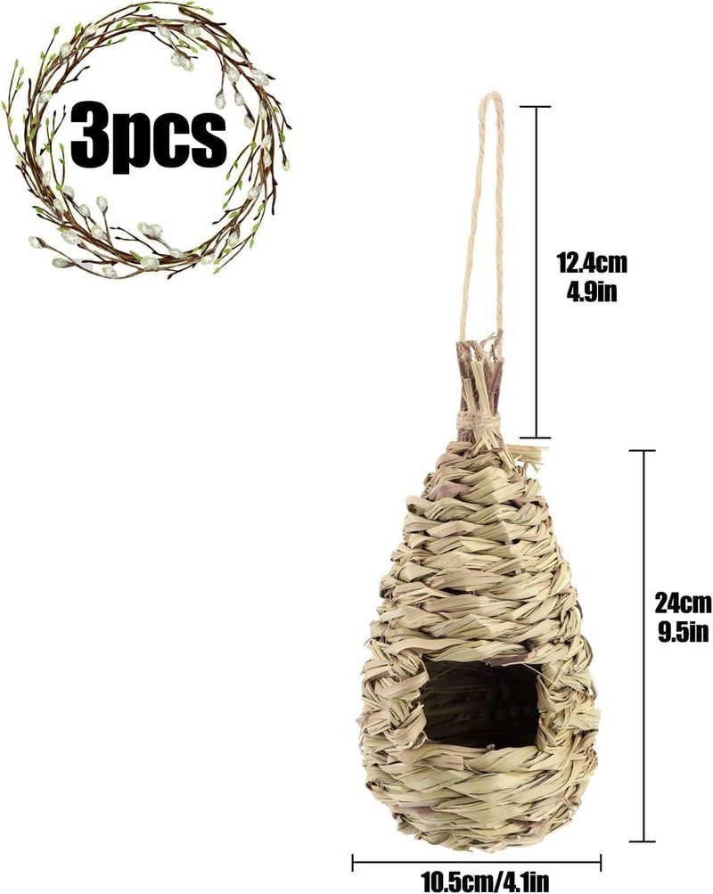 Aputue Bird Nest, 3 Piece Cream-Colored Bird Houses, Natural Reed Grass Hanging Pouches for Garden Decoration and Small Bird Protection - Image 2