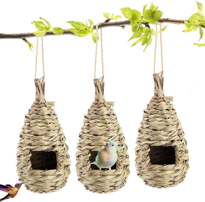 Aputue Bird Nest, 3 Piece Cream-Colored Bird Houses, Natural Reed Grass Hanging Pouches for Garden Decoration and Small Bird Protection - Image 1