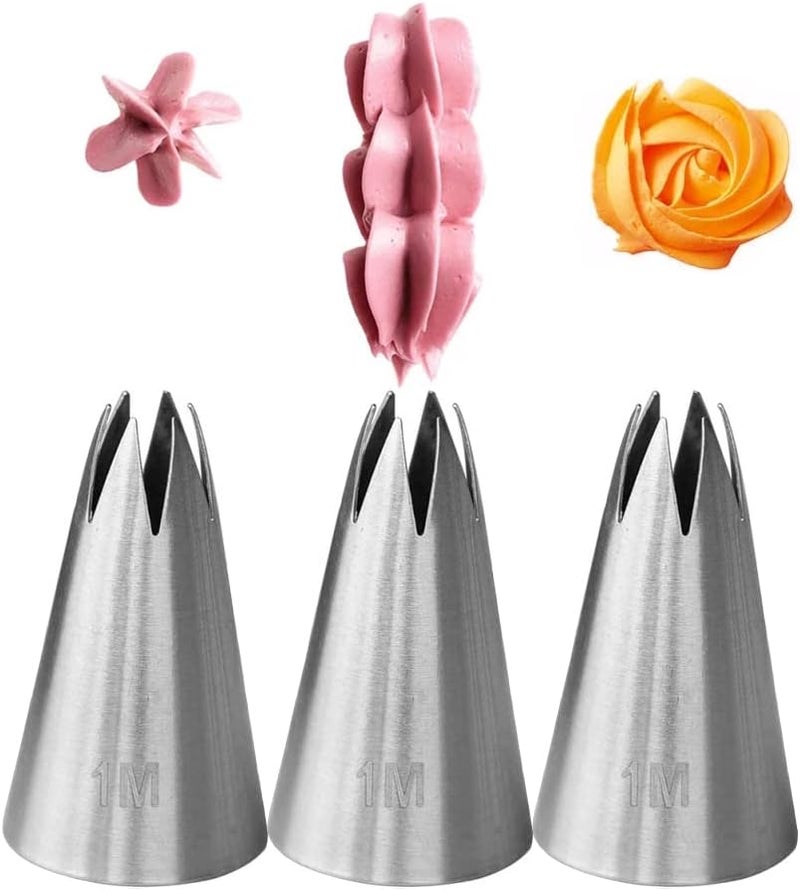 Bmaacye 1M Piping Tip for Cake Decorating,Seamless Icing Tips,3 Pcs Decorating Tips,Open Star,Stainless Steel - Image 1
