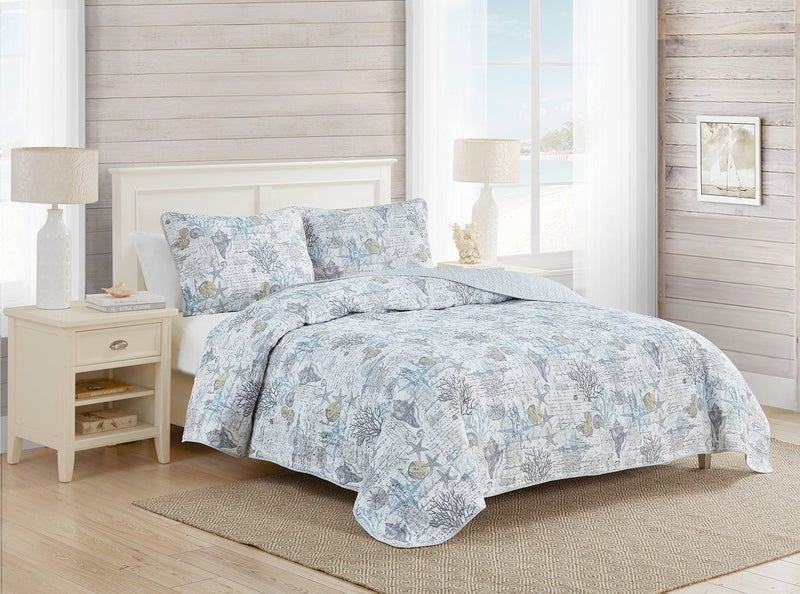 Tommy Bahama  Queen Quilt Set Reversible Cotton Bedding with Matching Shams Beach Bedding Set for All Seasons Beach Bliss Grey Queen