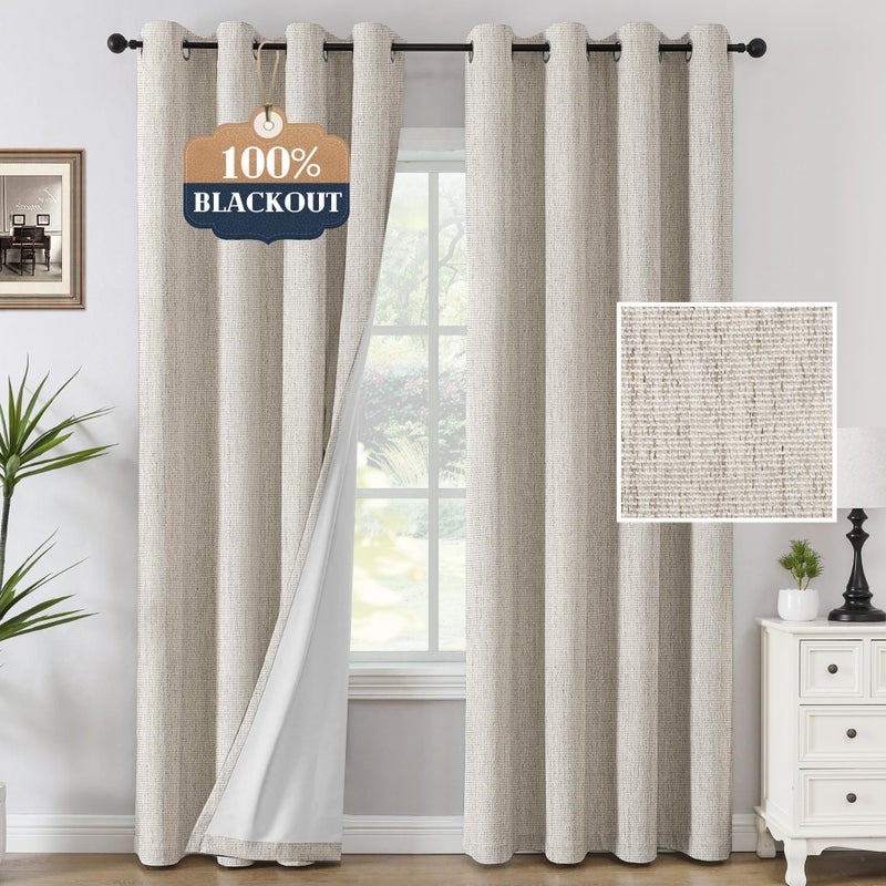 H.VERSAILTEX H.VERSAILTEX 100% Blackout Curtains Linen Textured Chenille Curtains Full Light Blocking Thermal Insulated Curtain 84 Inches Long with White Flocking Coating Back  2 Panels  Heathered Natural - Image 1