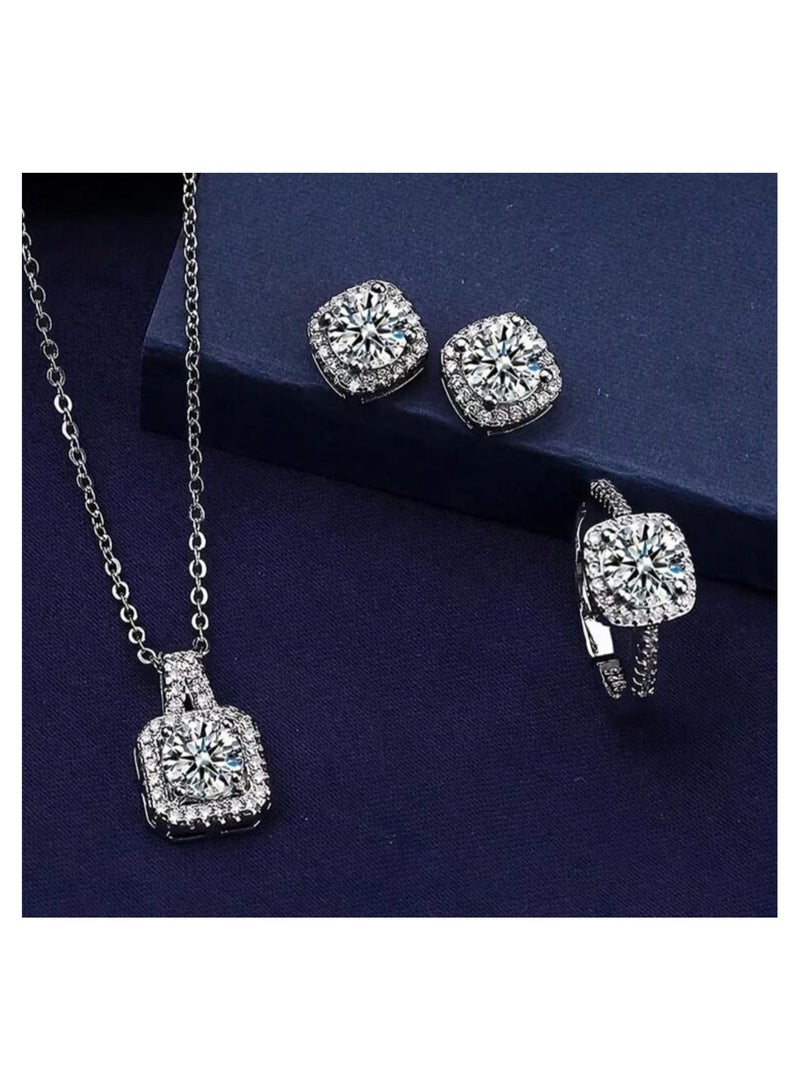 طقم مجوهرات فاخر للنساء يتكون من قلادة وزوج من الاقراط وخاتم، جميعها مزين بالزركونيا المربعة الشكل - Image 4