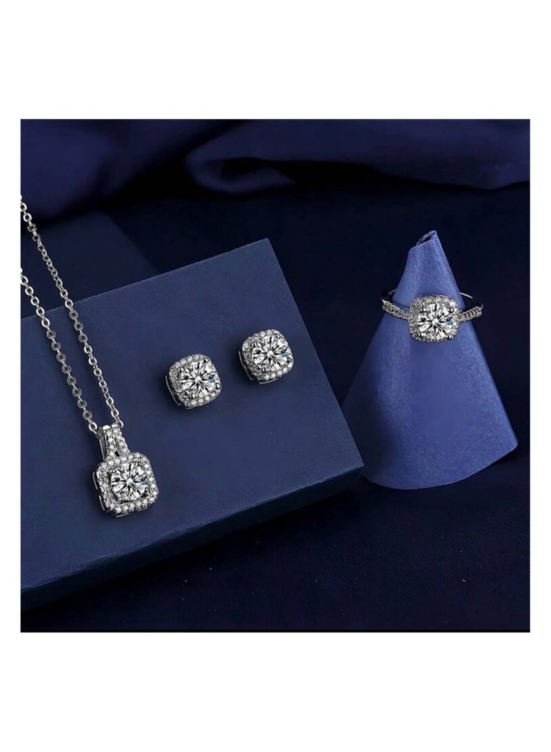 طقم مجوهرات فاخر للنساء يتكون من قلادة وزوج من الاقراط وخاتم، جميعها مزين بالزركونيا المربعة الشكل - Image 5