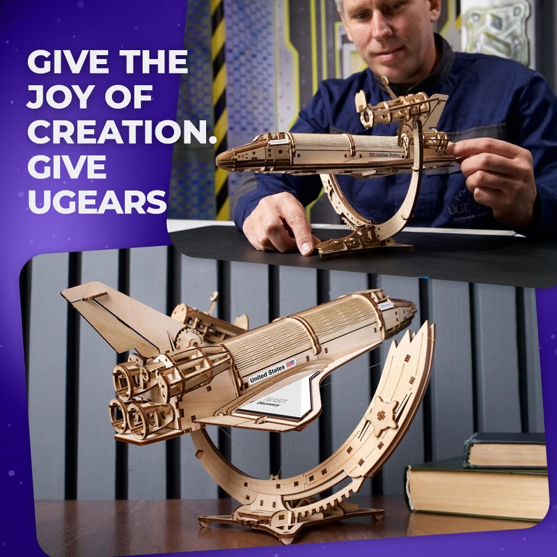 UGEARS مجموعة نماذج فضائية من يوغيارز - مكوك الفضاء ناسا ديسكفري - نماذج خشبية للبناء للبالغين - مجموعة نماذج مكوك الفضاء - لغز ميكانيكي ثلاثي الأبعاد من نماذج خشبية للبالغين - نموذج مركبة فضائية بميزات تفصيلية - Image 4