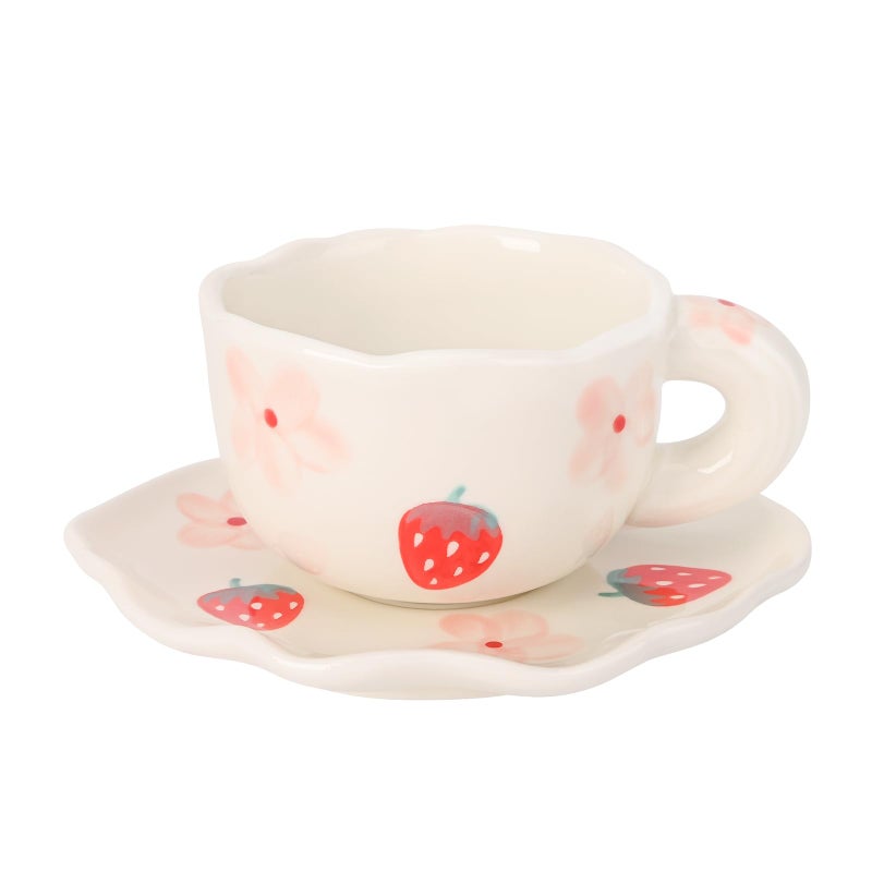 Koythin Ceramic Coffee Mug with Saucer Set, Cute Creative Cup Unique Irregular Saucer Design for Office and Home, 6 oz/180 ml for Latte Tea Milk (Strawberries and Flowers) - Image 1