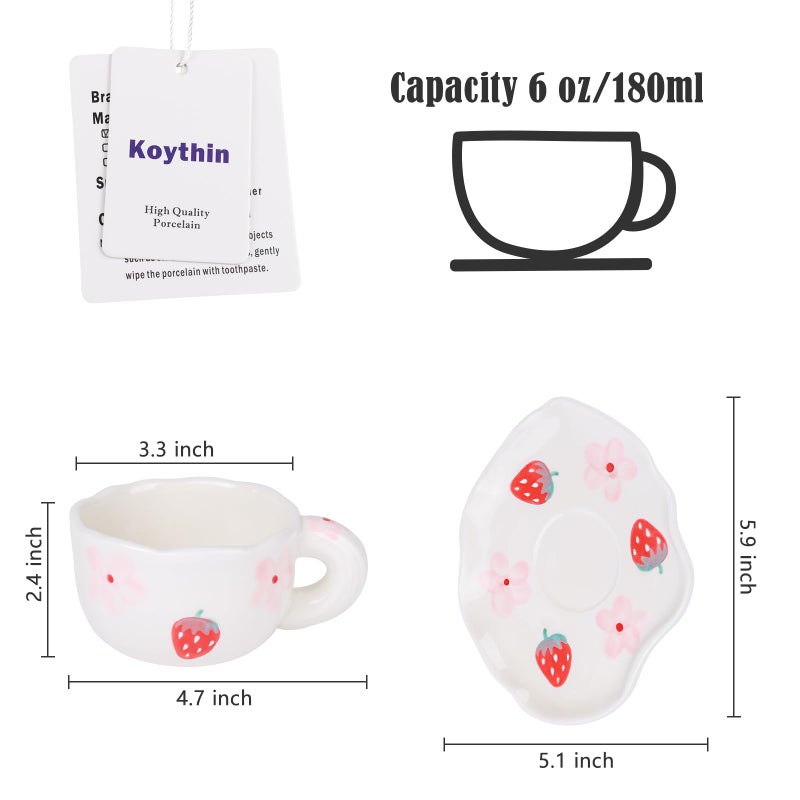 Koythin Ceramic Coffee Mug with Saucer Set, Cute Creative Cup Unique Irregular Saucer Design for Office and Home, 6 oz/180 ml for Latte Tea Milk (Strawberries and Flowers) - Image 2