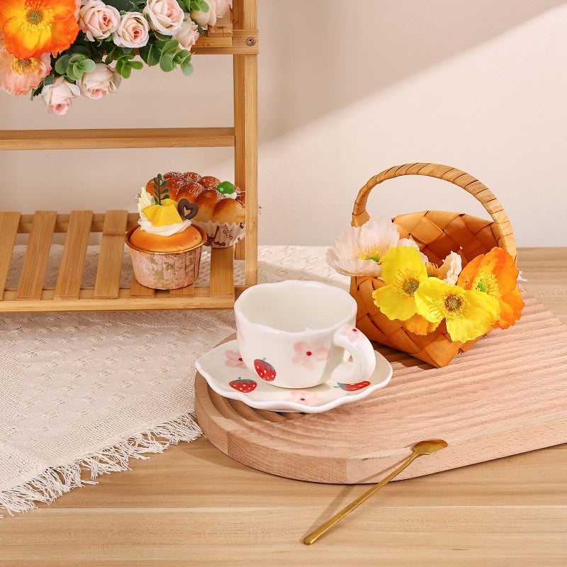 Koythin Ceramic Coffee Mug with Saucer Set, Cute Creative Cup Unique Irregular Saucer Design for Office and Home, 6 oz/180 ml for Latte Tea Milk (Strawberries and Flowers) - Image 5