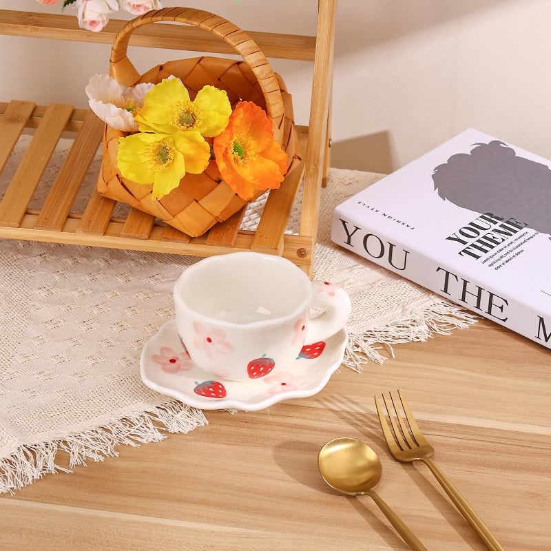 Koythin Ceramic Coffee Mug with Saucer Set, Cute Creative Cup Unique Irregular Saucer Design for Office and Home, 6 oz/180 ml for Latte Tea Milk (Strawberries and Flowers) - Image 4