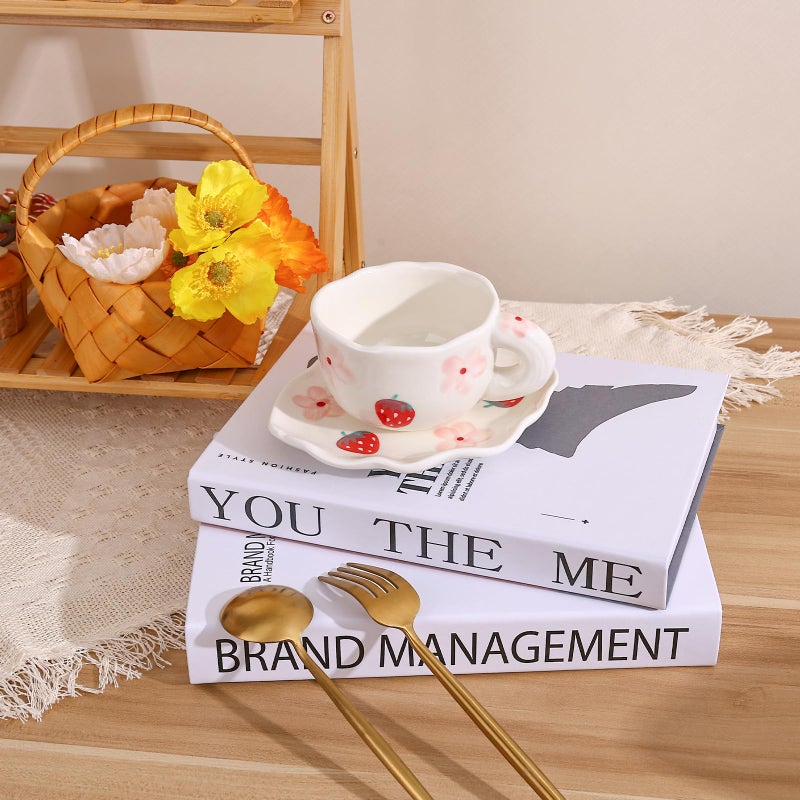 Koythin Ceramic Coffee Mug with Saucer Set, Cute Creative Cup Unique Irregular Saucer Design for Office and Home, 6 oz/180 ml for Latte Tea Milk (Strawberries and Flowers) - Image 3