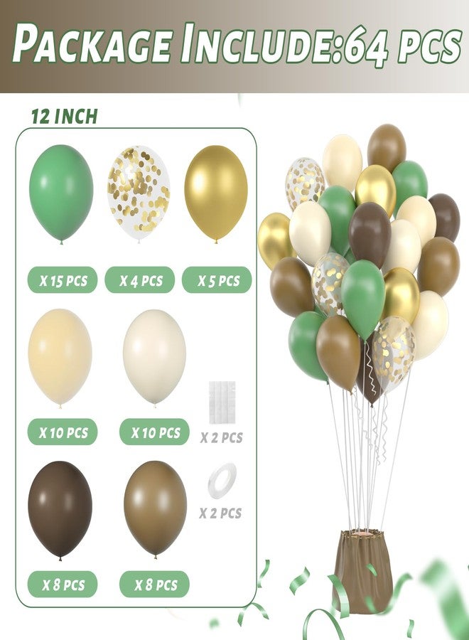 Janinus 64 Pcs Sage Green Brown Balloons Sets - 12 Inch Green Gold Confetti Balloons Jungle Safari Dark Brown Khaki Nude Balloon for Woodland Baby Shower Hunting Birthday Decorations - Image 2